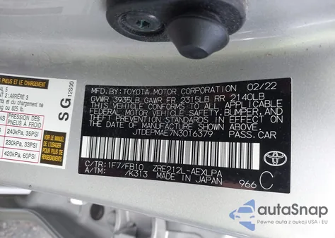 2022 Toyota Corolla Le z USA, uszkodzony, nr VIN JTDEPMAE7N3016379